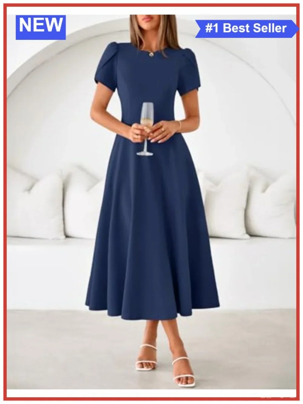 Formal Wedding Guest Midi Dress with Pockets Short Sleeve A-Line